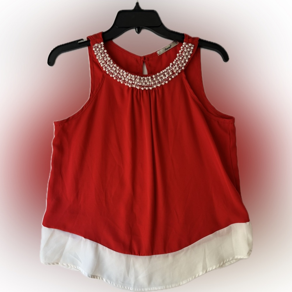 Papaya Red and White Sleeveless Blouse with Beaded Neckline
